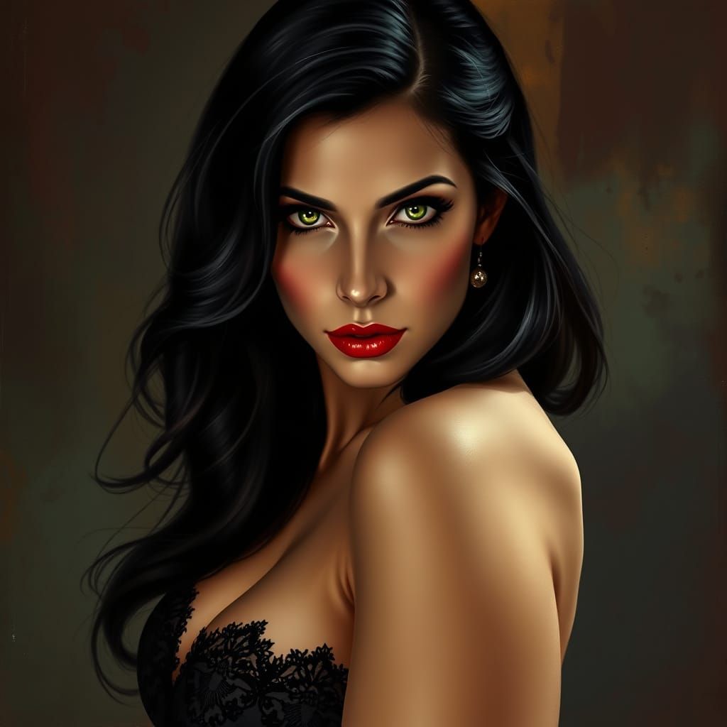 Green-Eyed Siren in Black Lace