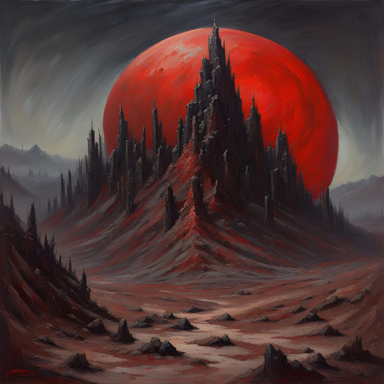 Dark Metal Apocalypse Landscape with Red Moon