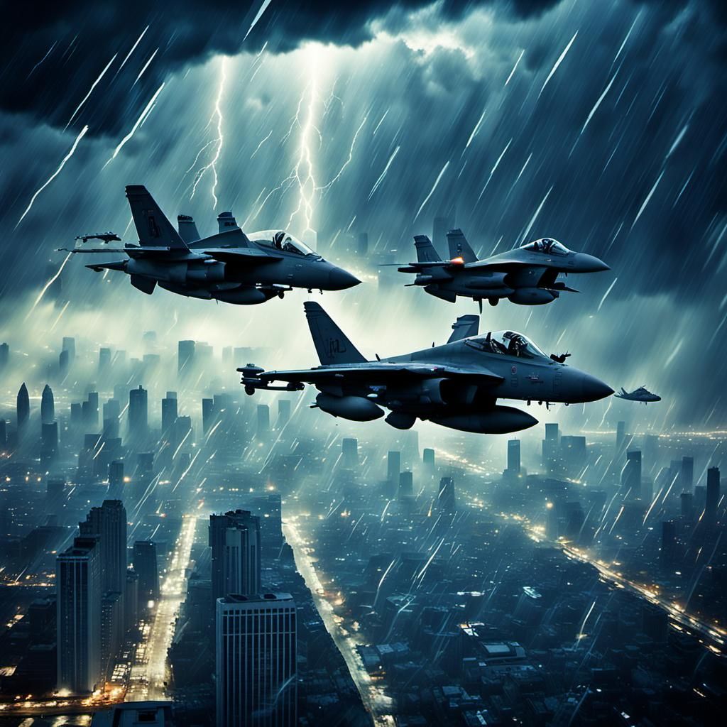 Fighter Jets Dogfight in Stormy Night Sky