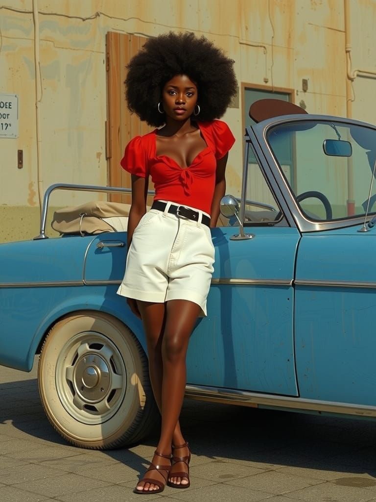 Woman Posing with Vintage Car in Sunny Portrait