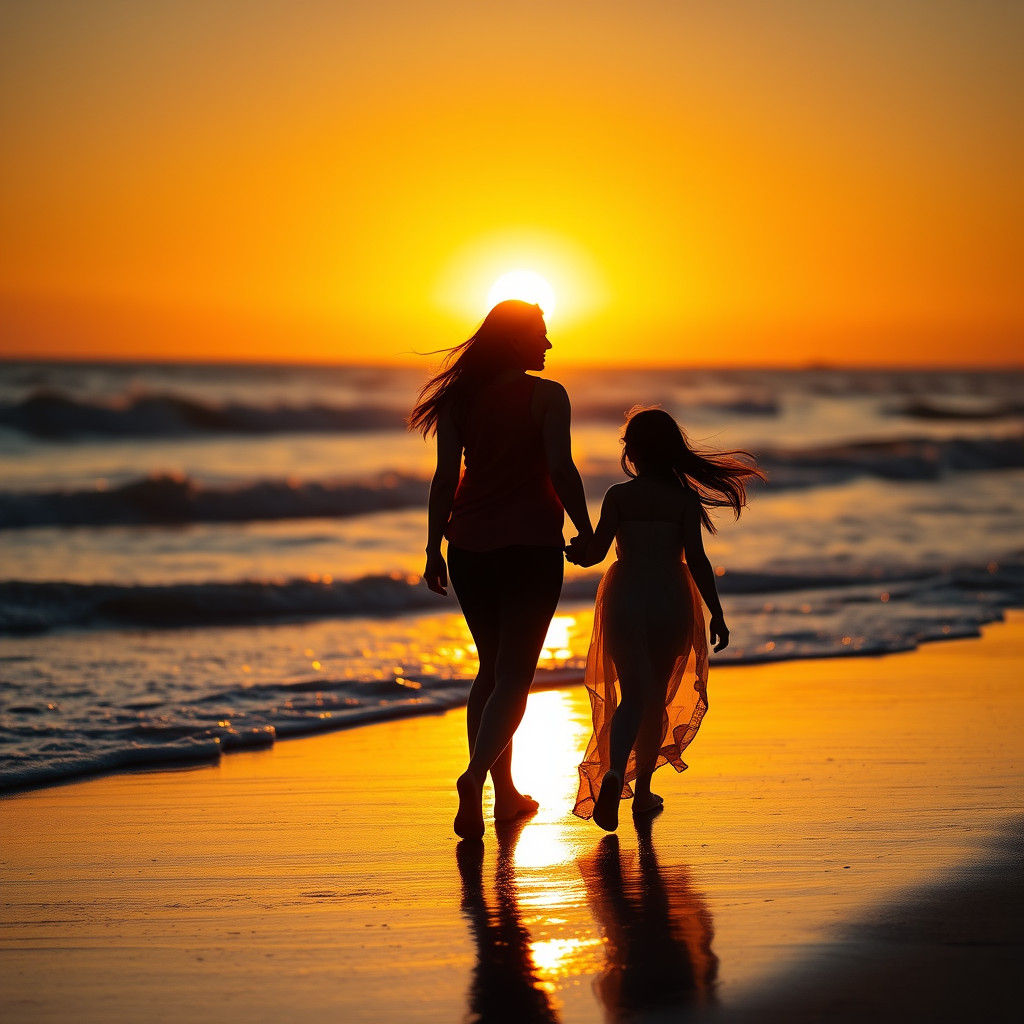 Mother and Daughter Walking Hand in Hand at Sunset Beach