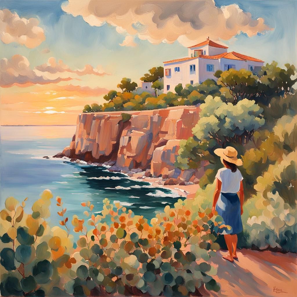 Impressionist Gouache Painting of Mother Overlooking Coast