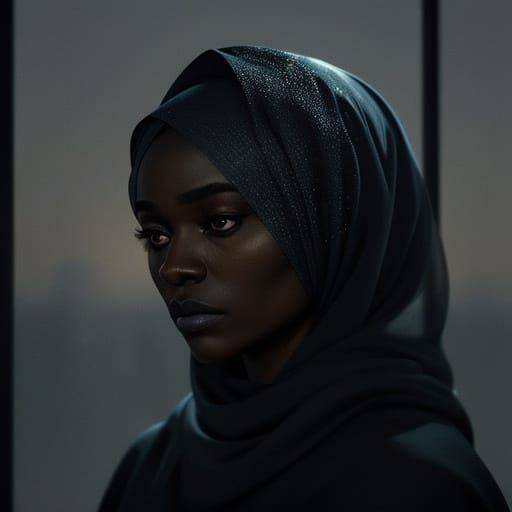 Nigerian Woman Gazes Out Window at Dusk, Moody Photography