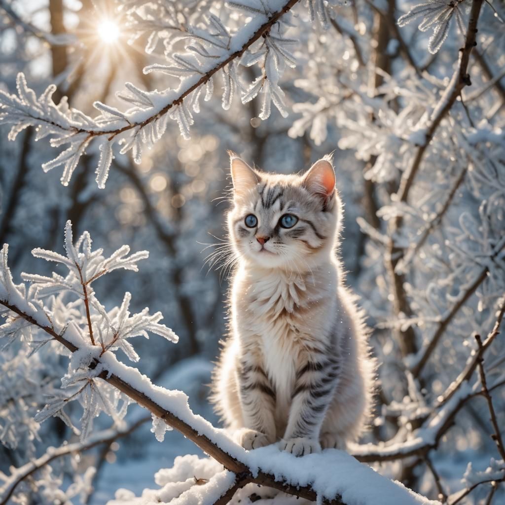 Whimsical Snowy Forest Scene with a Twinkling Kitten