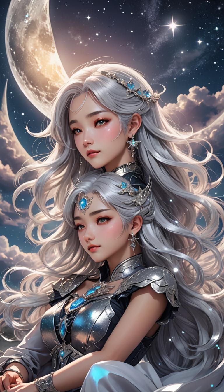 Silver-Haired Woman on Crescent Moon in Manga Style