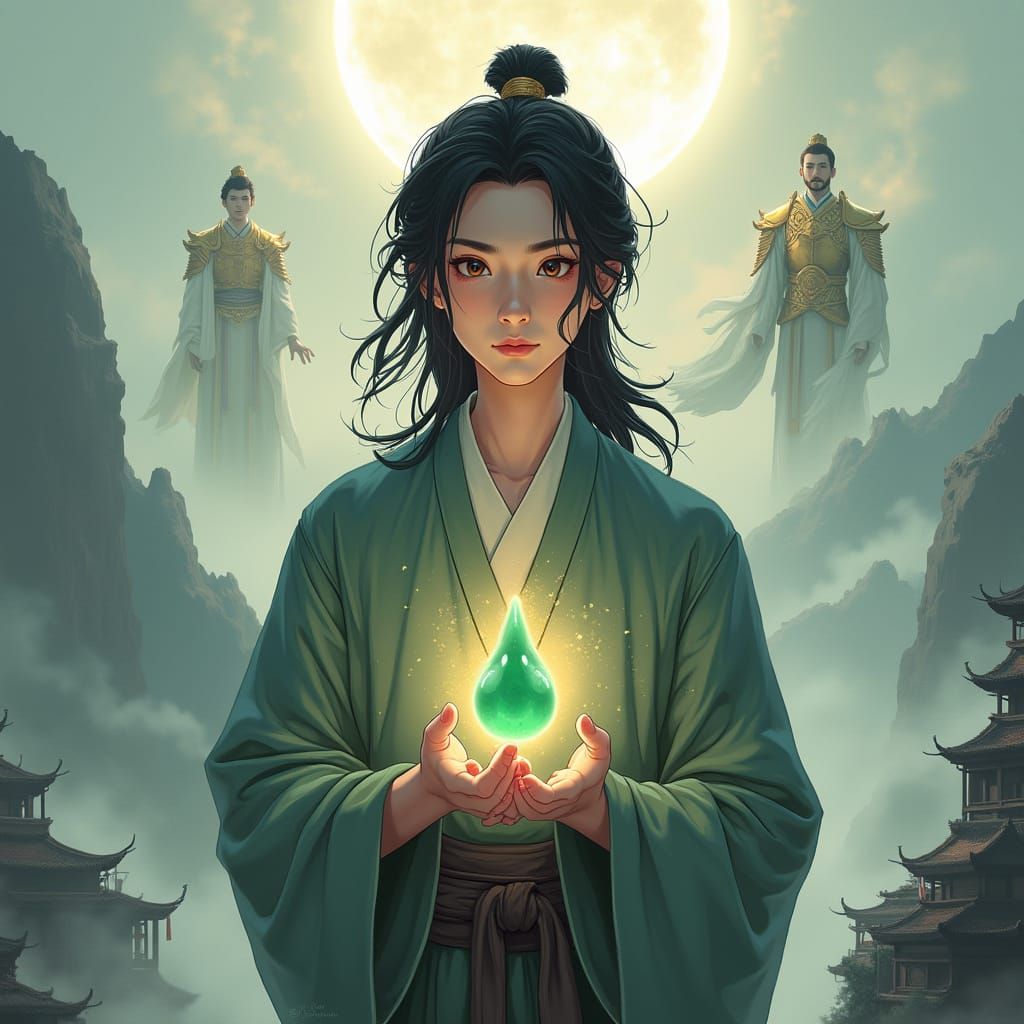 Young Cultivator with Jade Pendant in Fantasy Realm