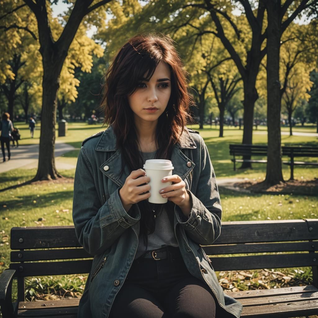 Emo Woman's Coffee Break: Cinematic Park Scene