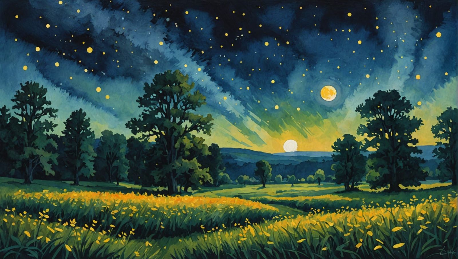 Fireflies Under Moonlight: Gouache and Watercolor Impression...