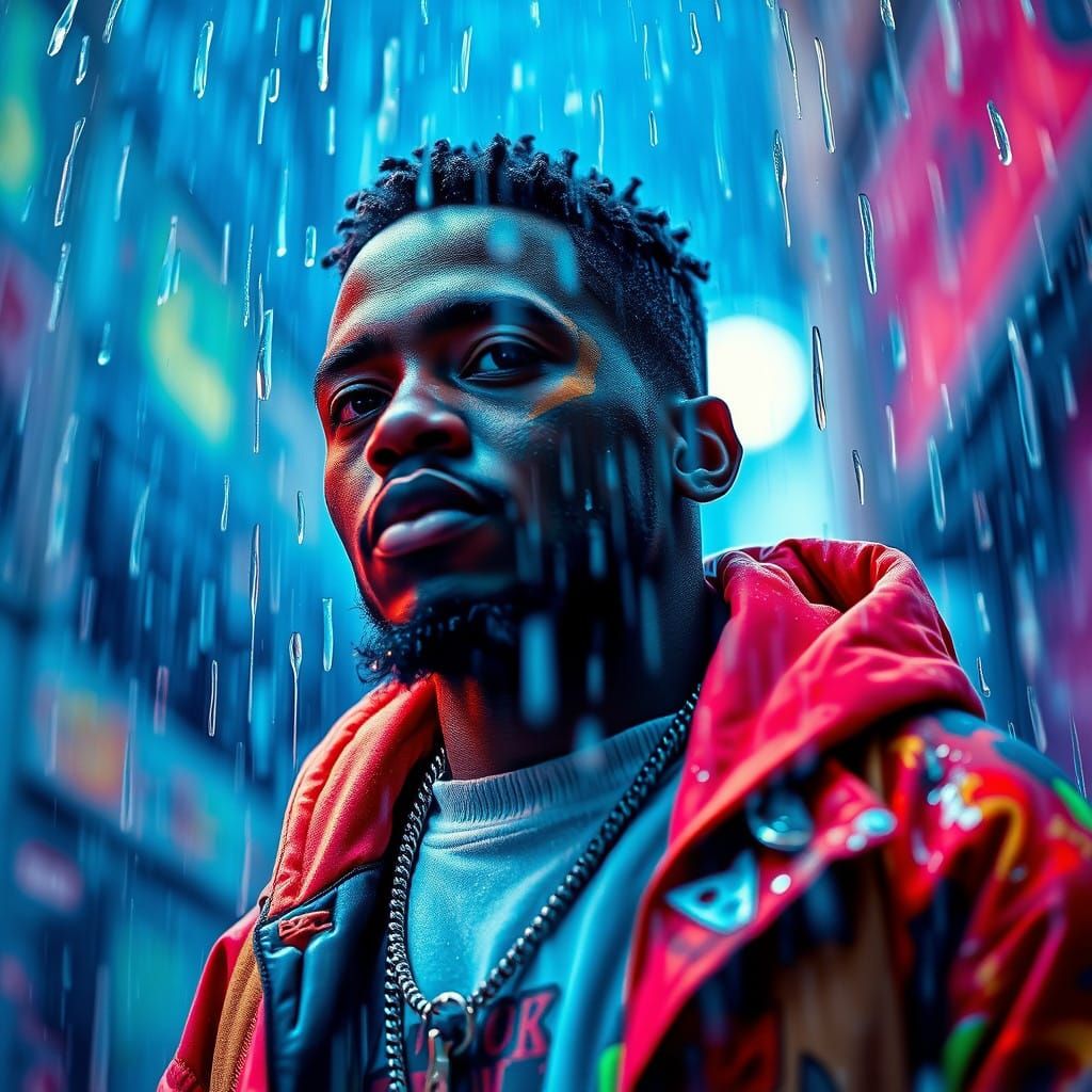 Brown Skin Man Drenched in Colorful Rain, Street Art Style