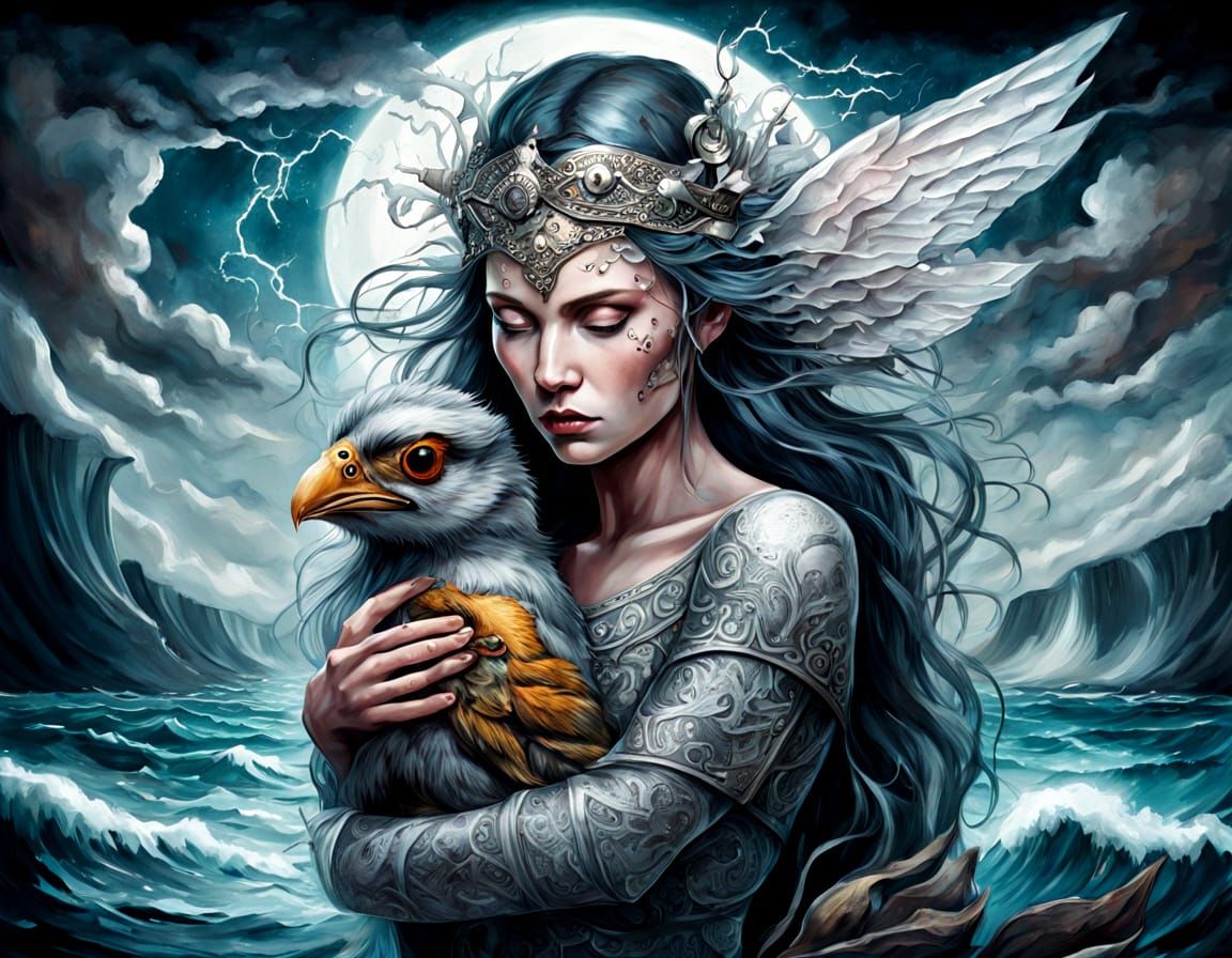 Viking Shieldmaiden with Bird: Gothic Norse Illustration