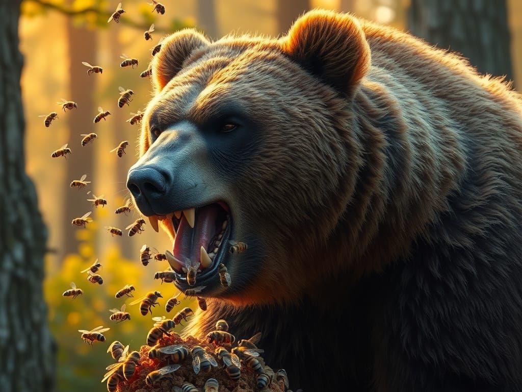 Fierce Brown Bear Invades Honeycomb in a Hyperrealistic Fore...