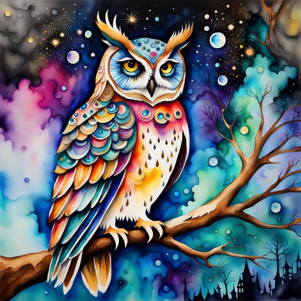Jeweled Owl in Colorful Fantasy World, Watercolor Painting