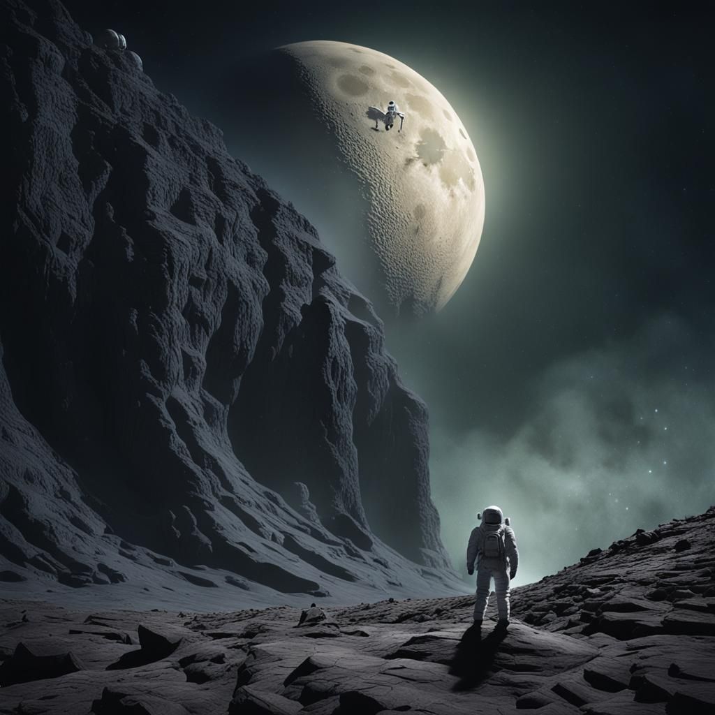 Ominous Lunar Cliff with Lone Astronaut in Dark Surrealism