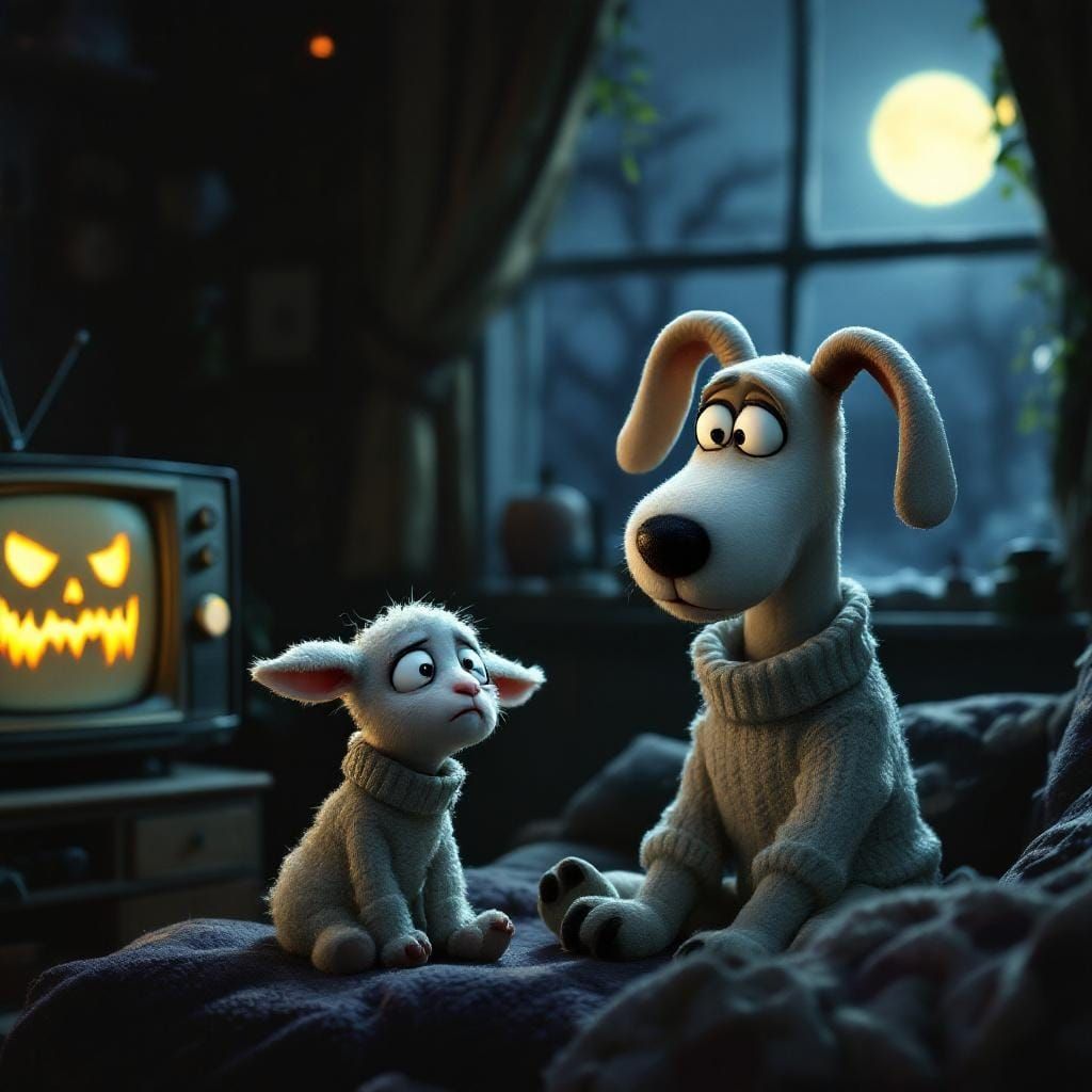 Frightened Lamb Watches Scary Movie with Gromit