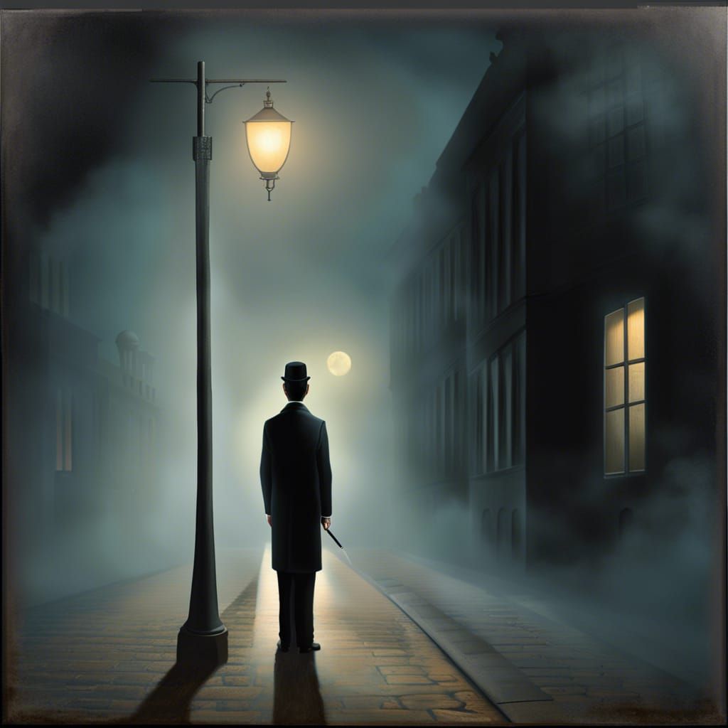 Man in Bowler Hat in Moonlit Alleyway