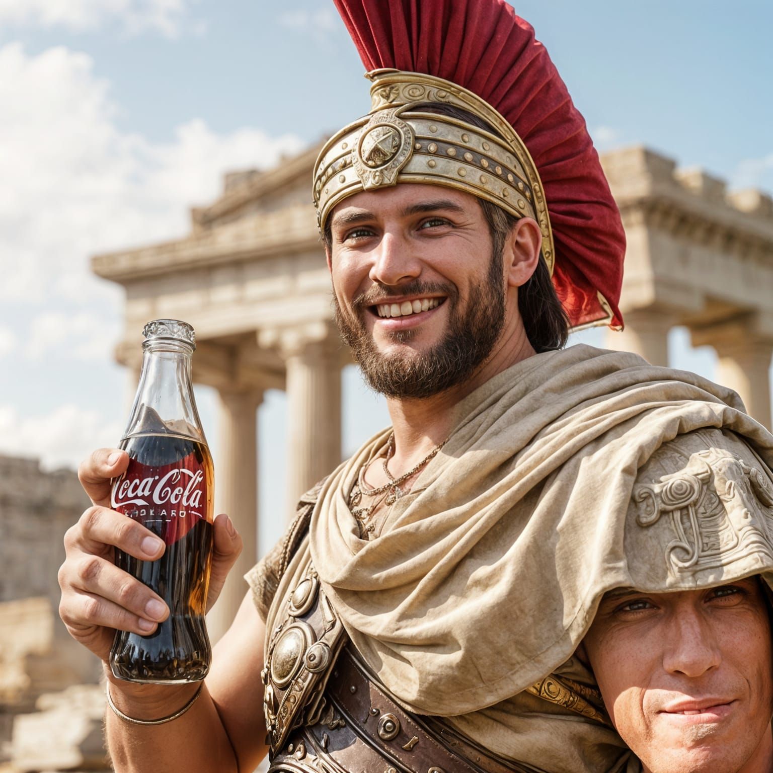 Happy Roman Soldier Drinks Coca-Cola