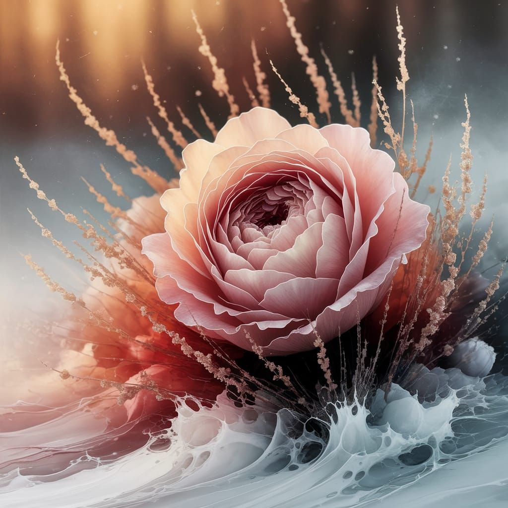 Rose Blooms in Snow: Alcohol Ink Painting