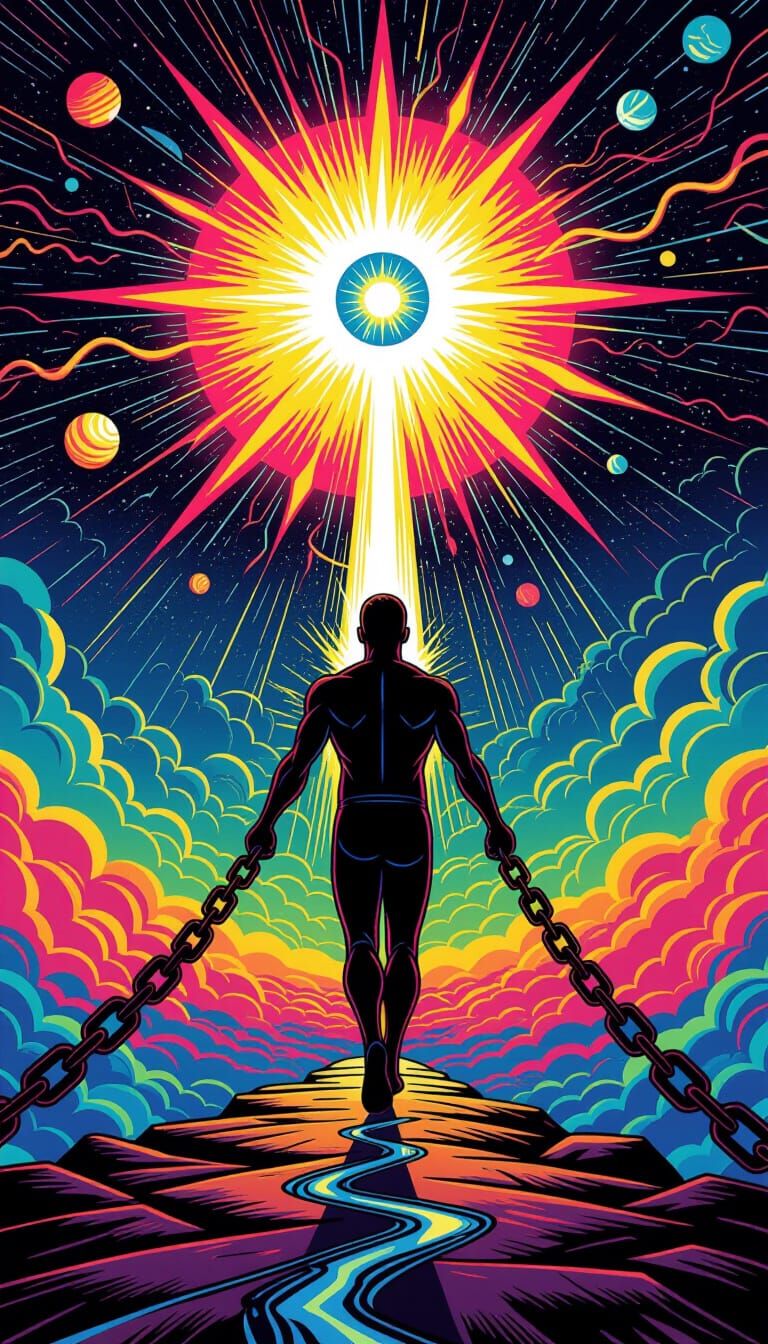 Spiritual Liberation: Figure Breaks Cosmic Chains, Conscious...
