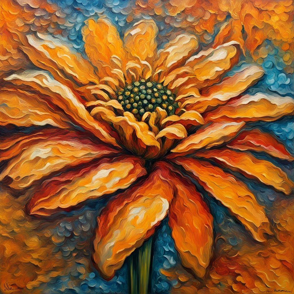 Amber Zinnia Frozen in Ice: Neo-Impressionist Oil Painting