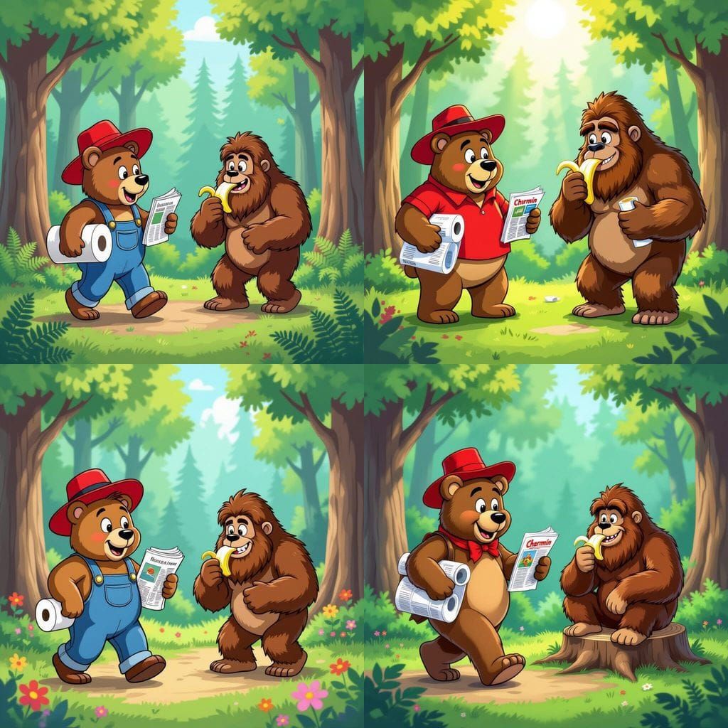 Cartoon Bear's Bigfoot Expedition in Toon Style