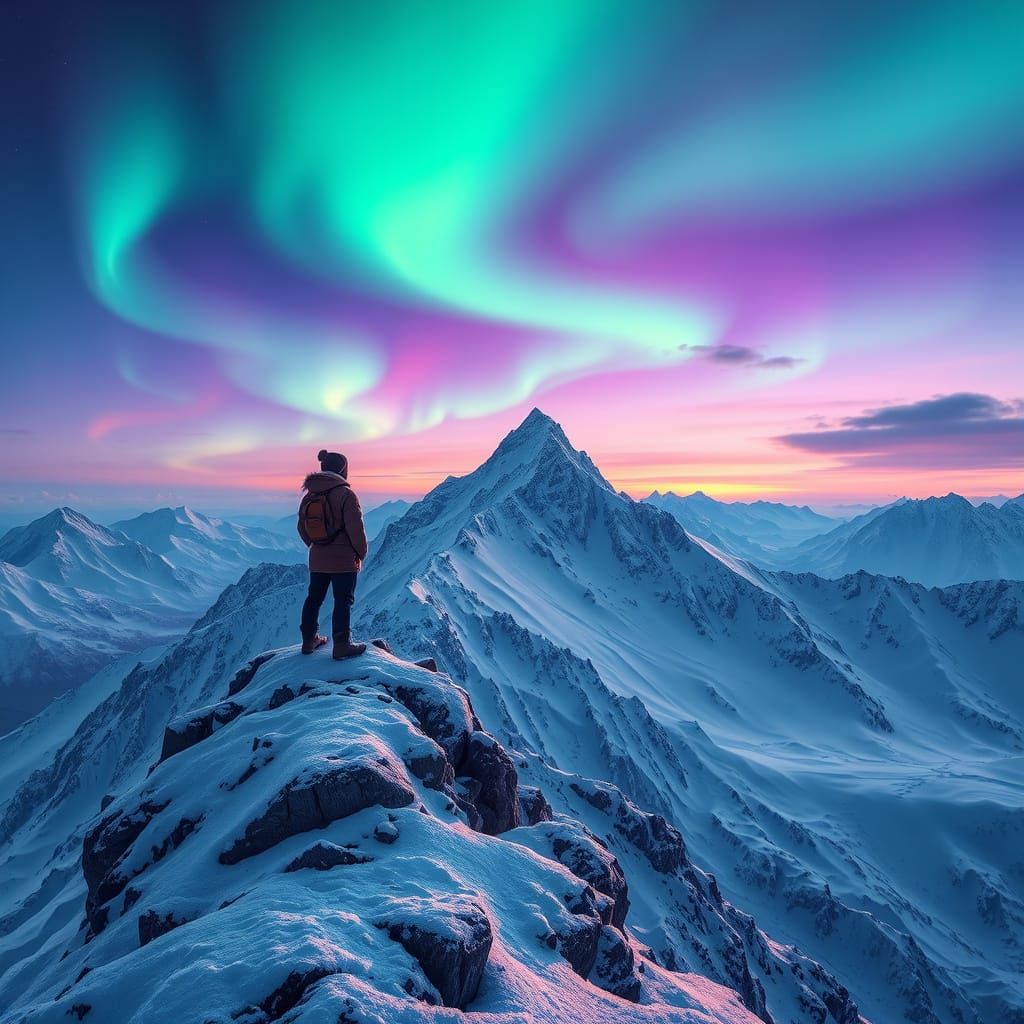 Snowy Mountains and Aurora Borealis, Dreamlike Art