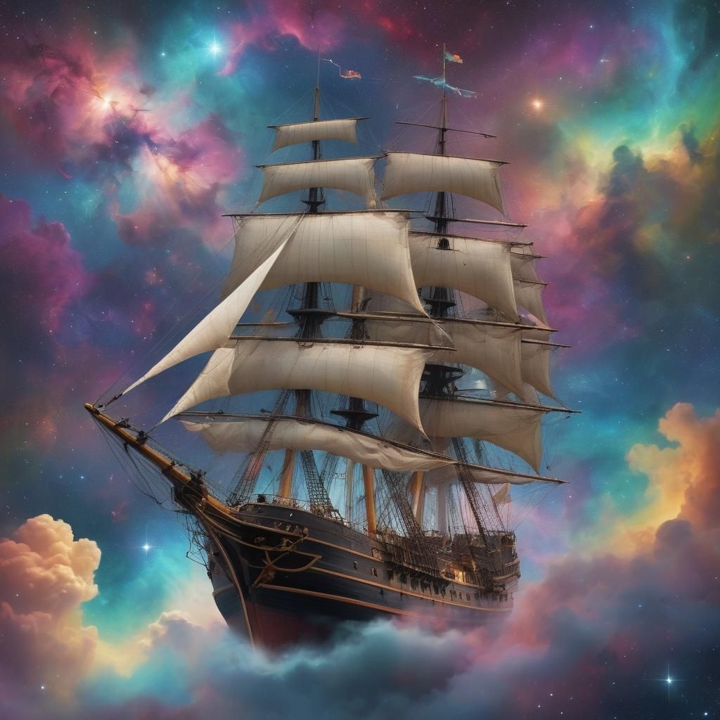 Sailing Ship Navigates Colorful Nebula Sky
