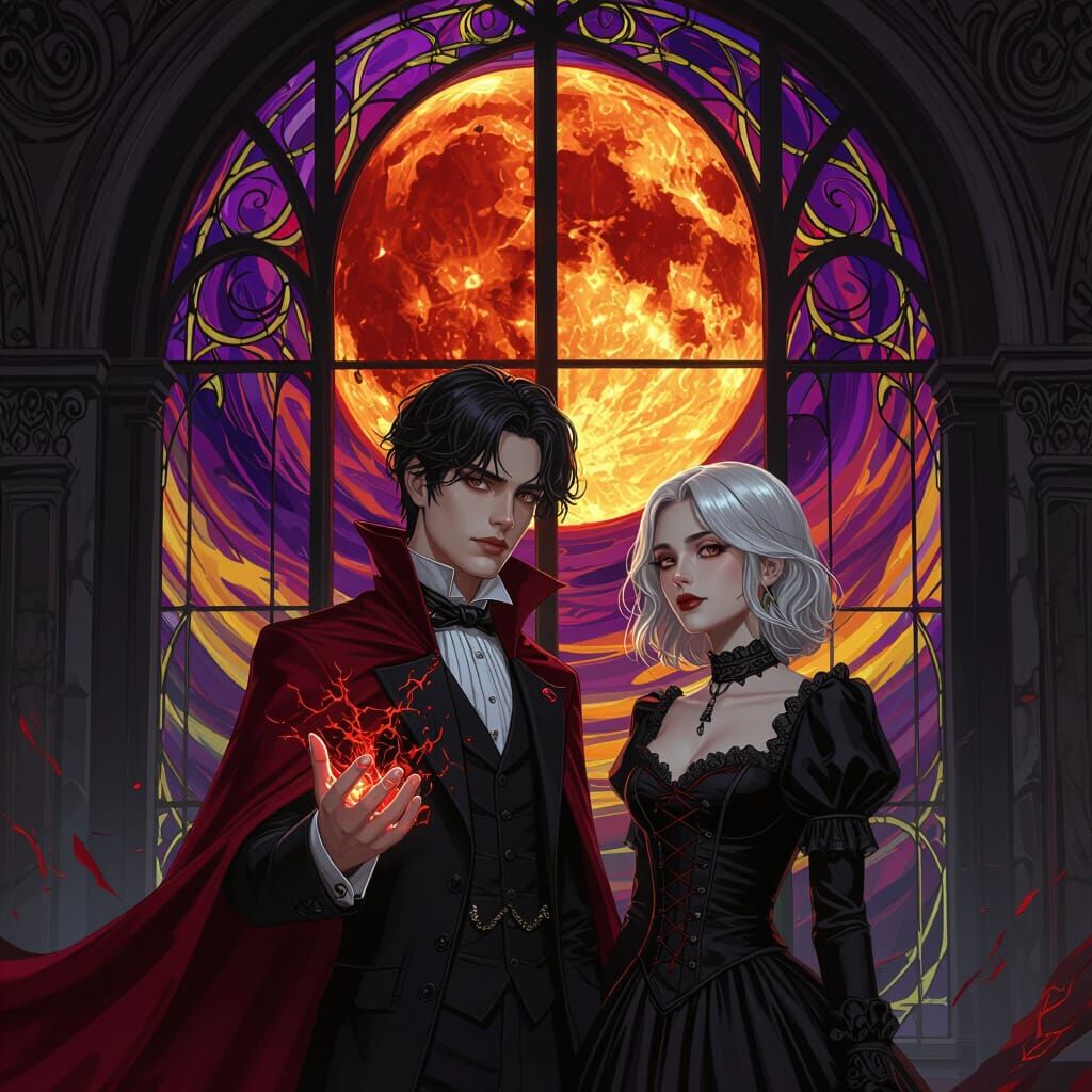 Gothic Romance: Couple in Mansion with Cosmic Window