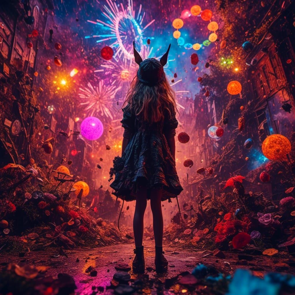 Enchanted Forest Witch with Glowing Eyes in Rainbow Light