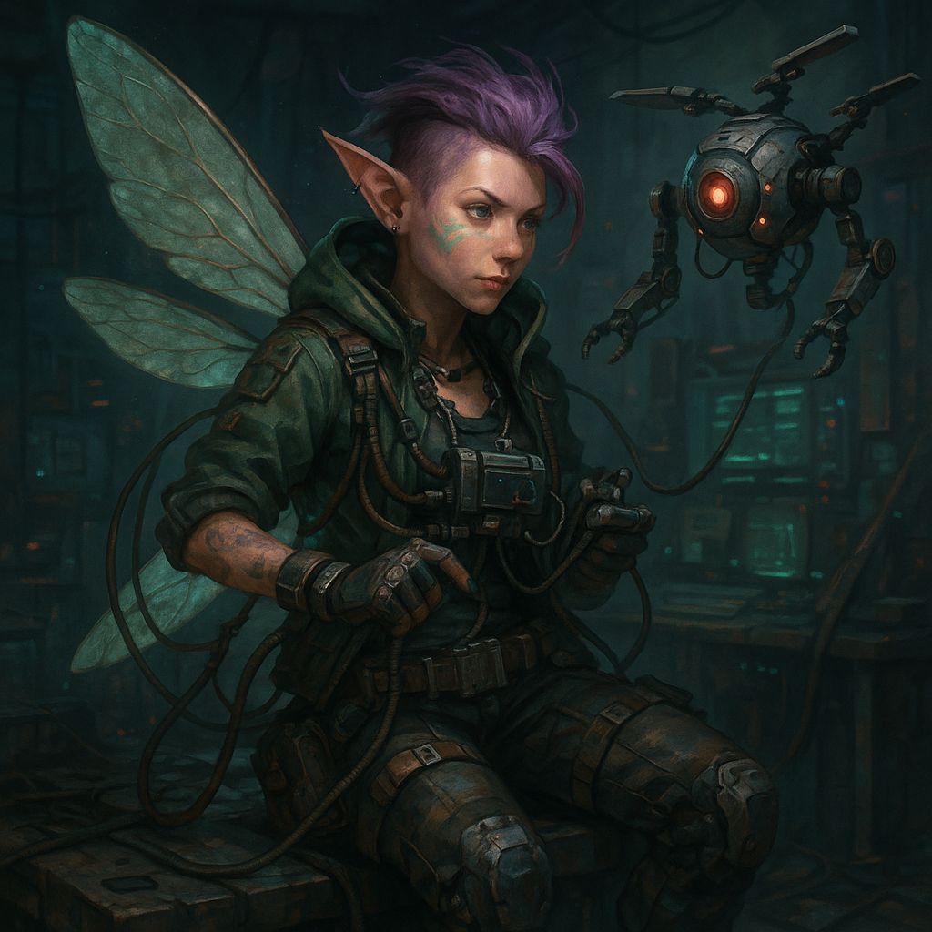 Shadowrun Female Pixie Rigger in Cyberpunk Style