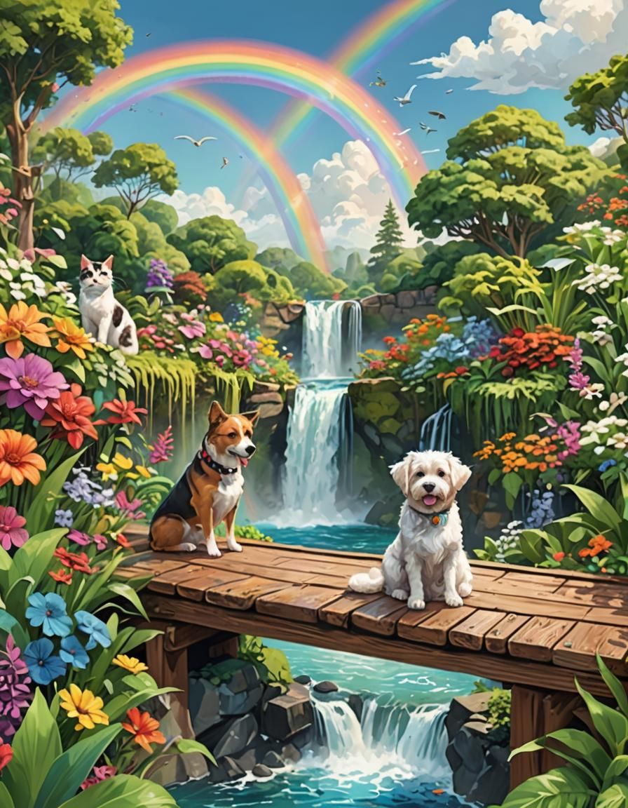 Dog and Cat on Bridge in Colorful Digital Art