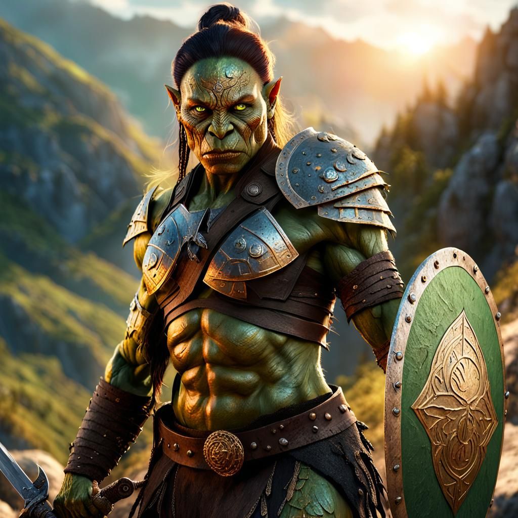 Imposing Orc Female Warrior in a Rugged Landscape