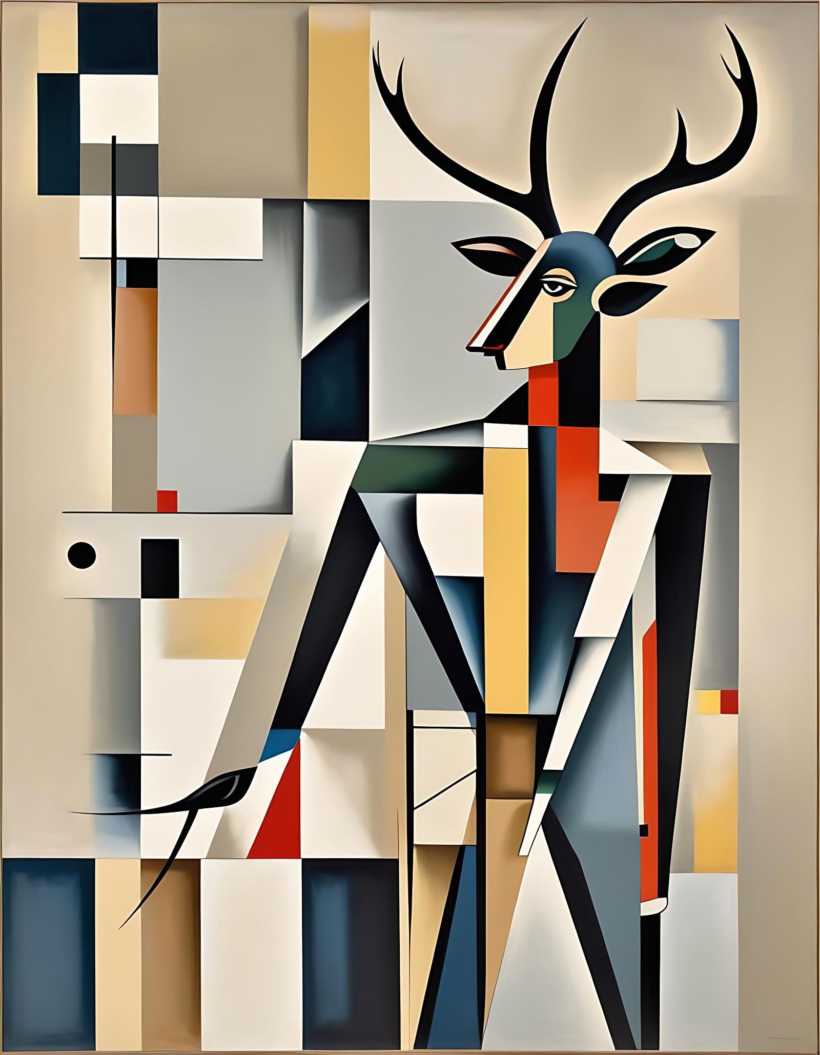 Cubist Human Figure with Antlers, Bauhaus Style