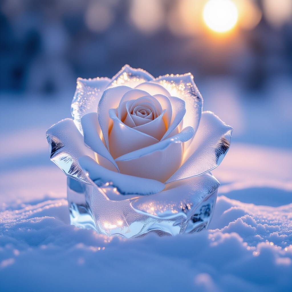 Intricate Ice Rose Sculpture in Winter Dawn Light