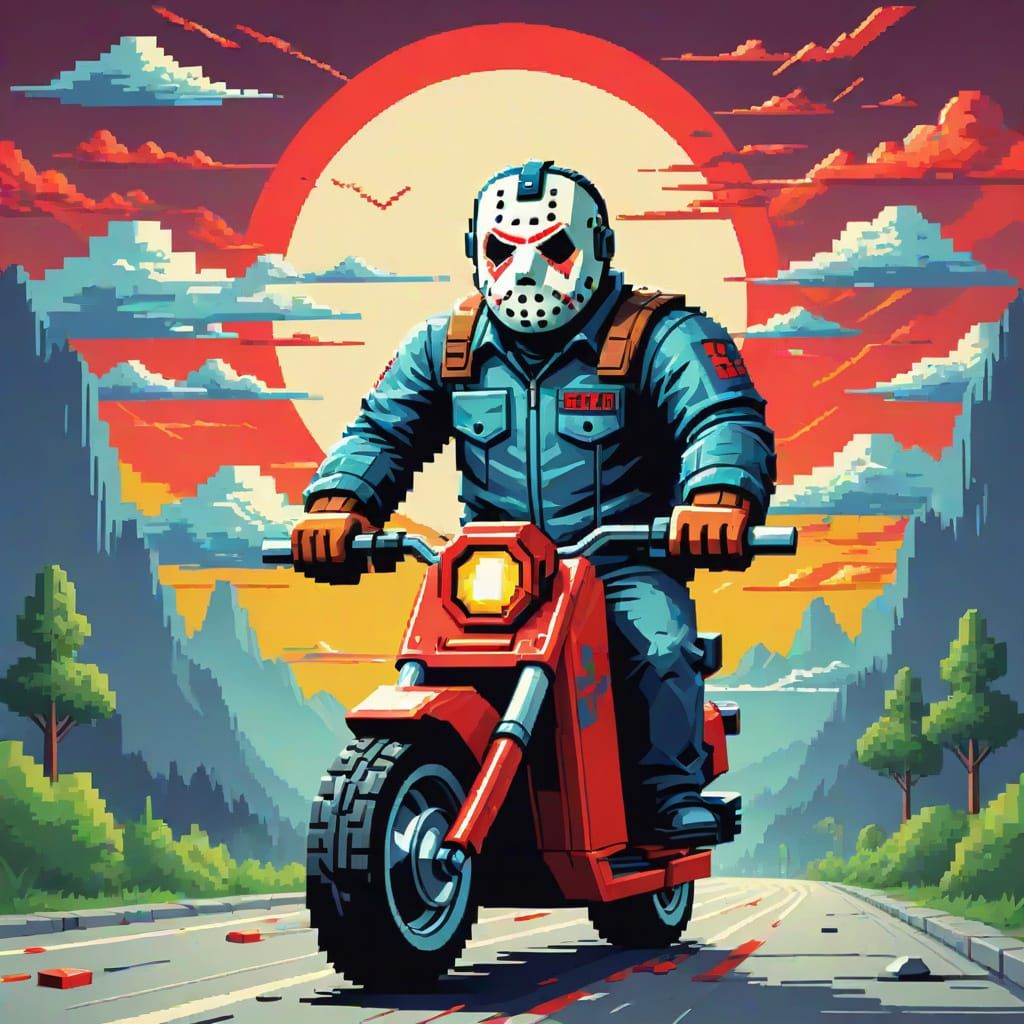 Jason Voorhees on Scooter, 8-bit Pixel Art