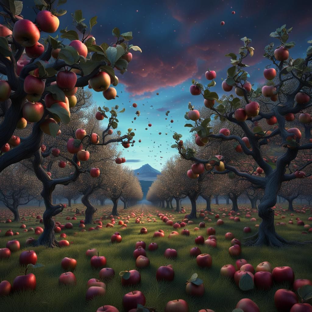 Surreal Apple Orchard at Twilight: A Matte Painting