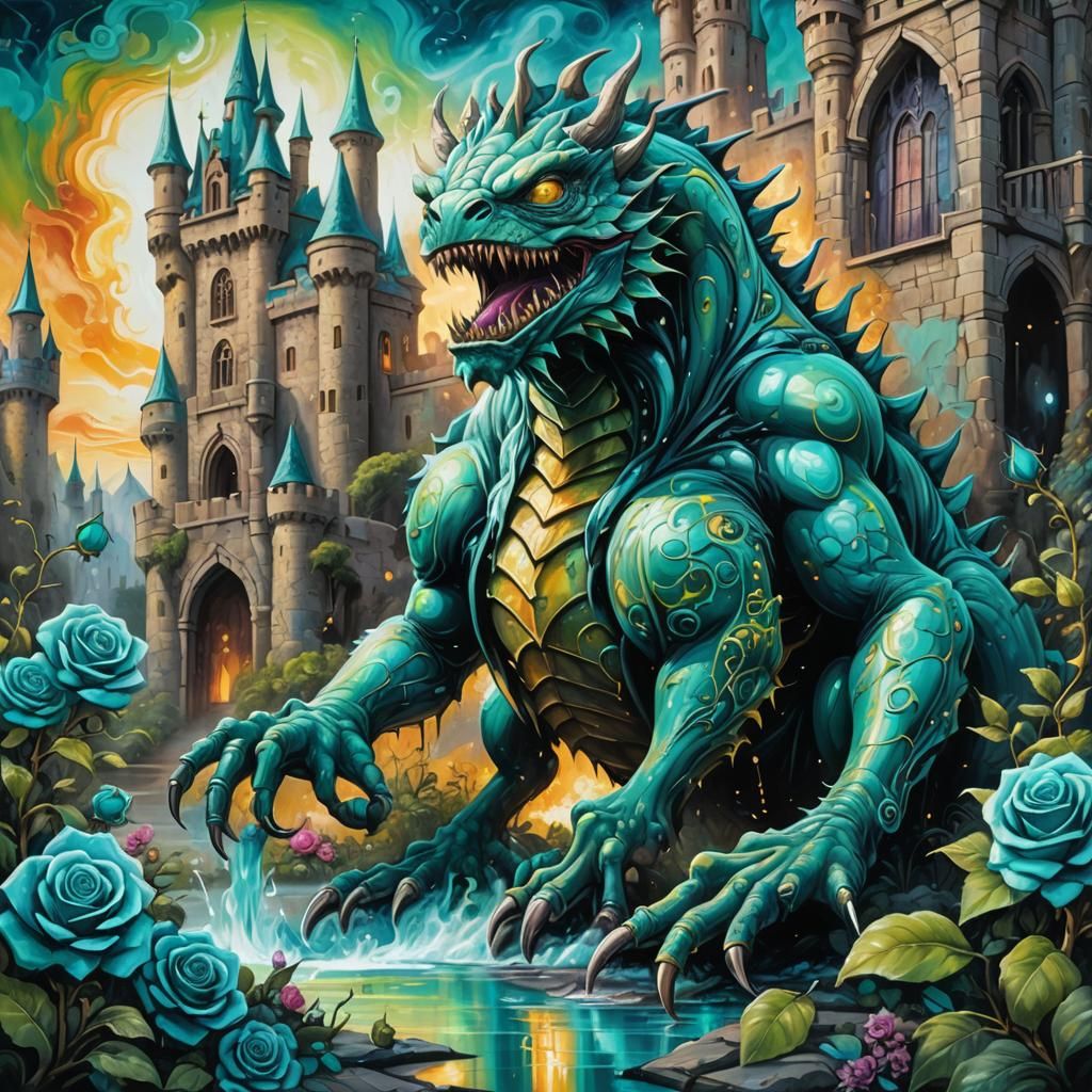 Teal Rose Castle with Fantasy Monster in Graffiti Art