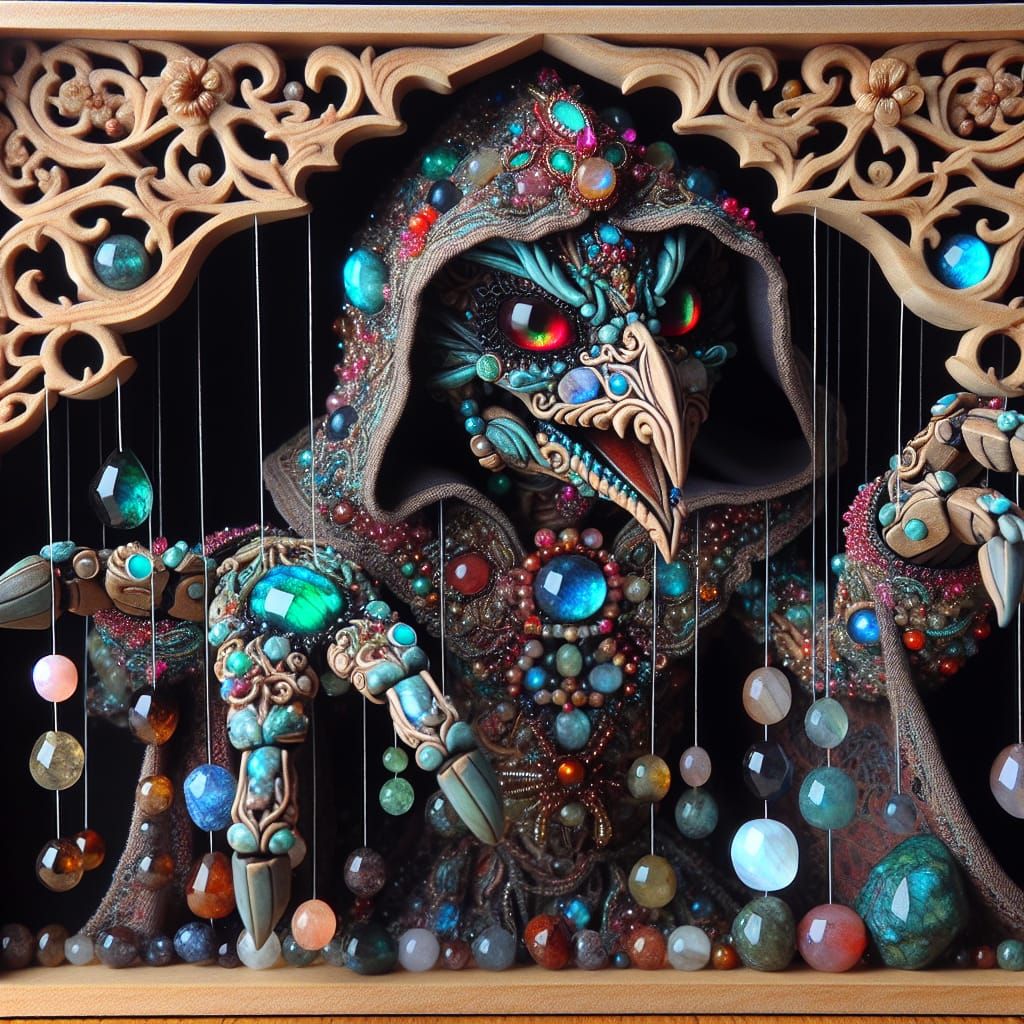 Gemstone Marionette in Glass Shadowbox: Digital Art