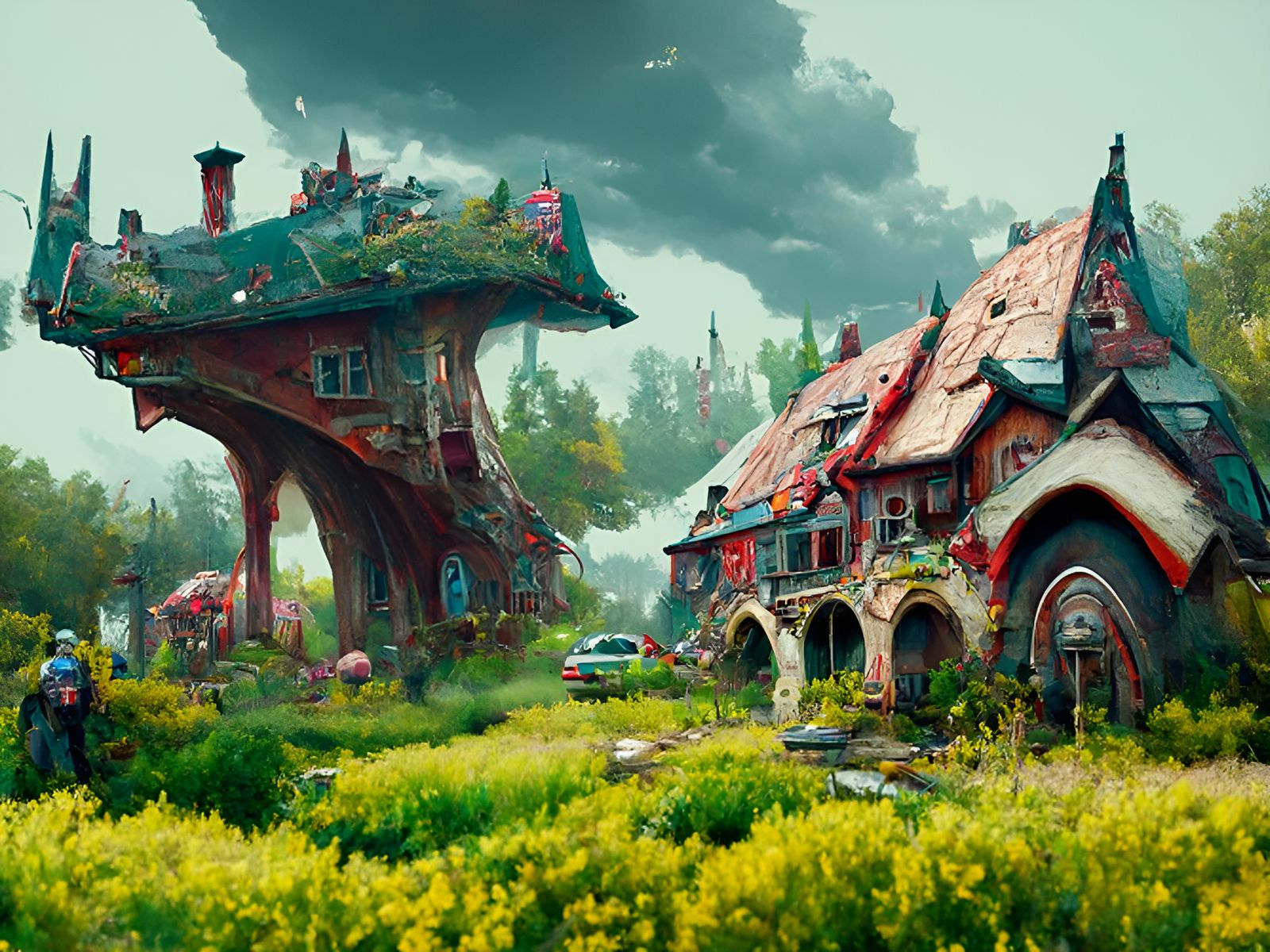 Majestic Medieval City in Overgrown Fantasy Landscape