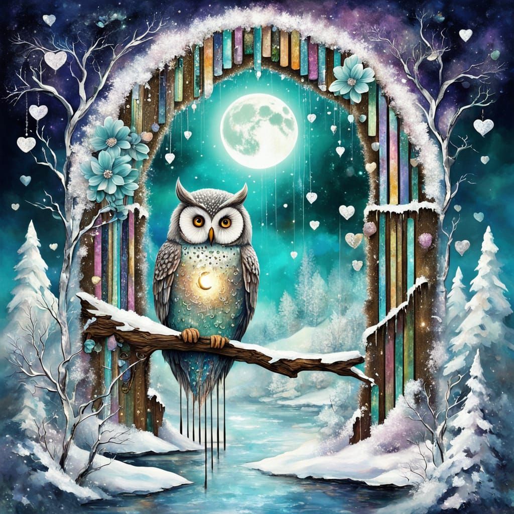 Dreamy Winter Nightscape with Owl and Flowers