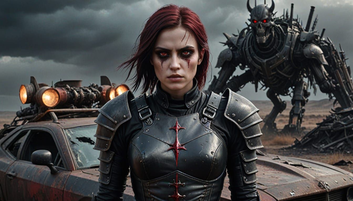 Fierce Goth Woman in Worn Leather Armor