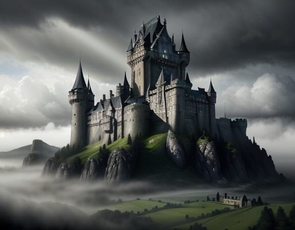 Majestic Castle on Misty Hill in Dramatic Sunlight