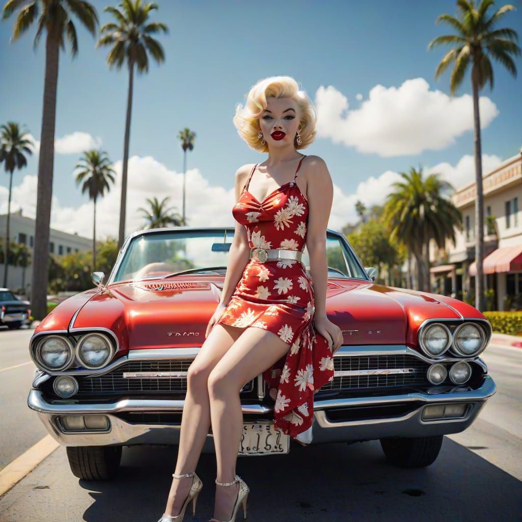 Marilyn Monroe Style Portrait with Red Pontiac GTO