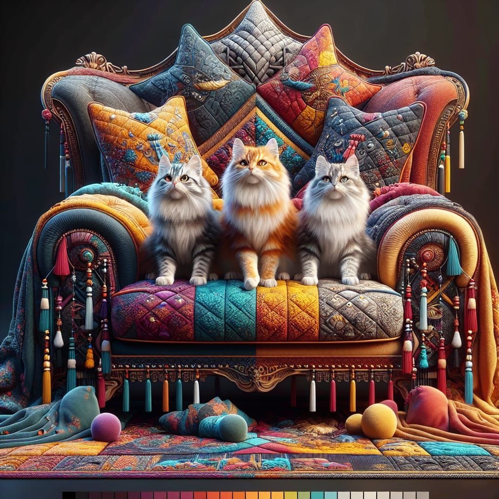 Imagine three adorable happy short-haired cats curled up together on a big cosy soft chair with rich multi-colored panel...