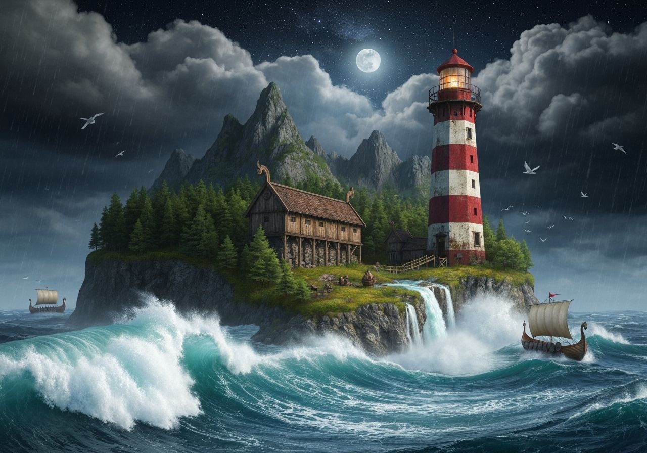 a surrealistic colourful ancient viking coast landscape in t...