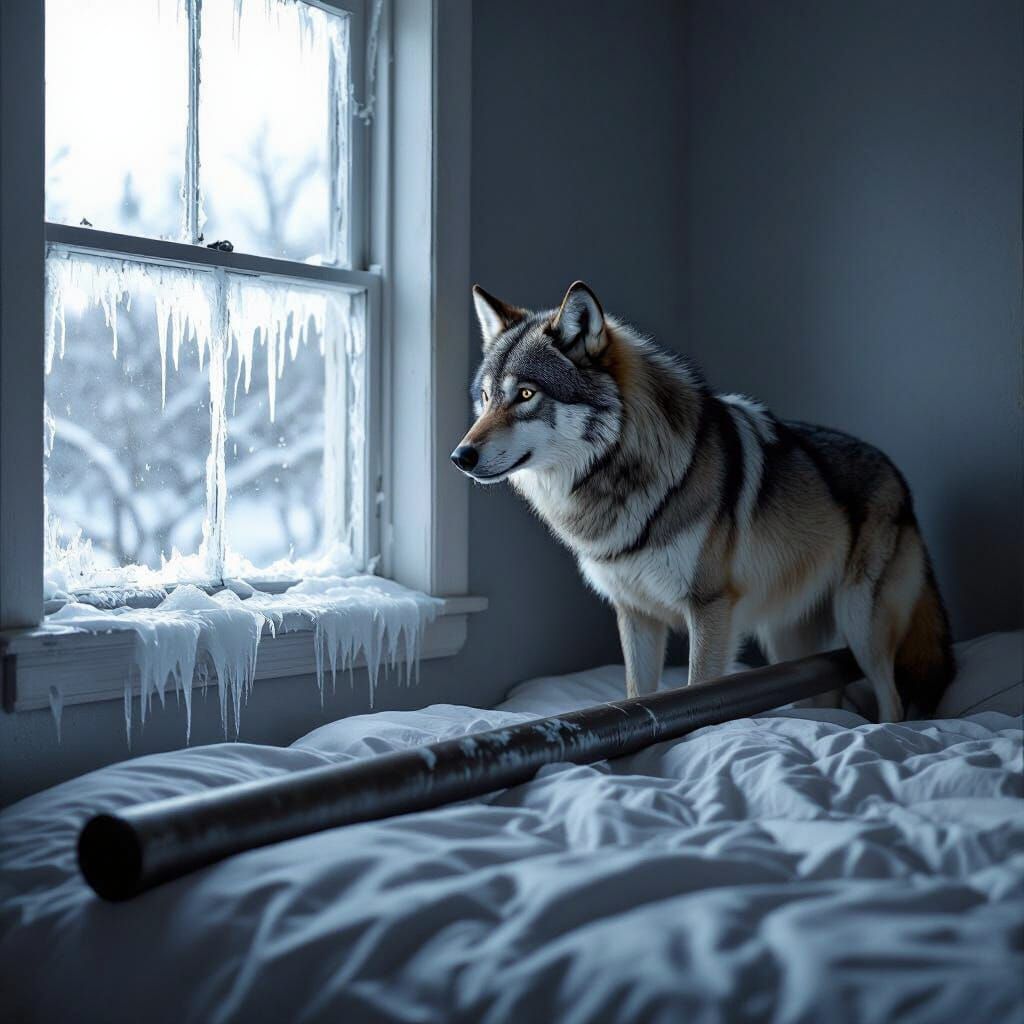 Wolf Shivers in Icy Bedroom with Steel Rod