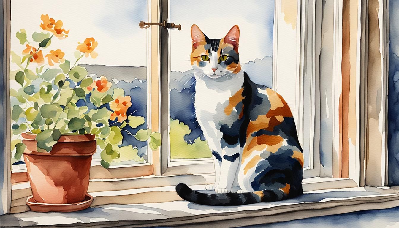 Watercolor Painting of a Tri-Colored Cat