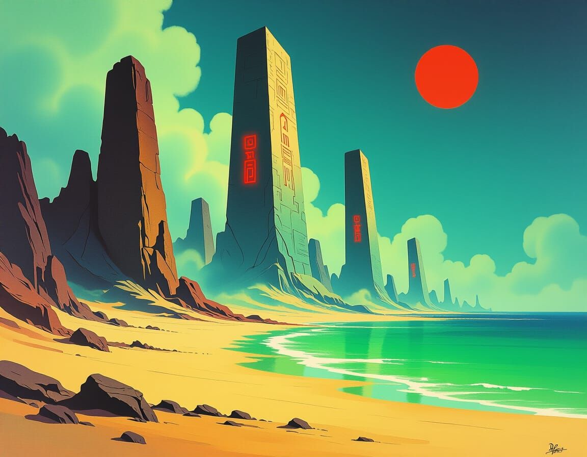 Desolate Planet with Monoliths in Gouache Style