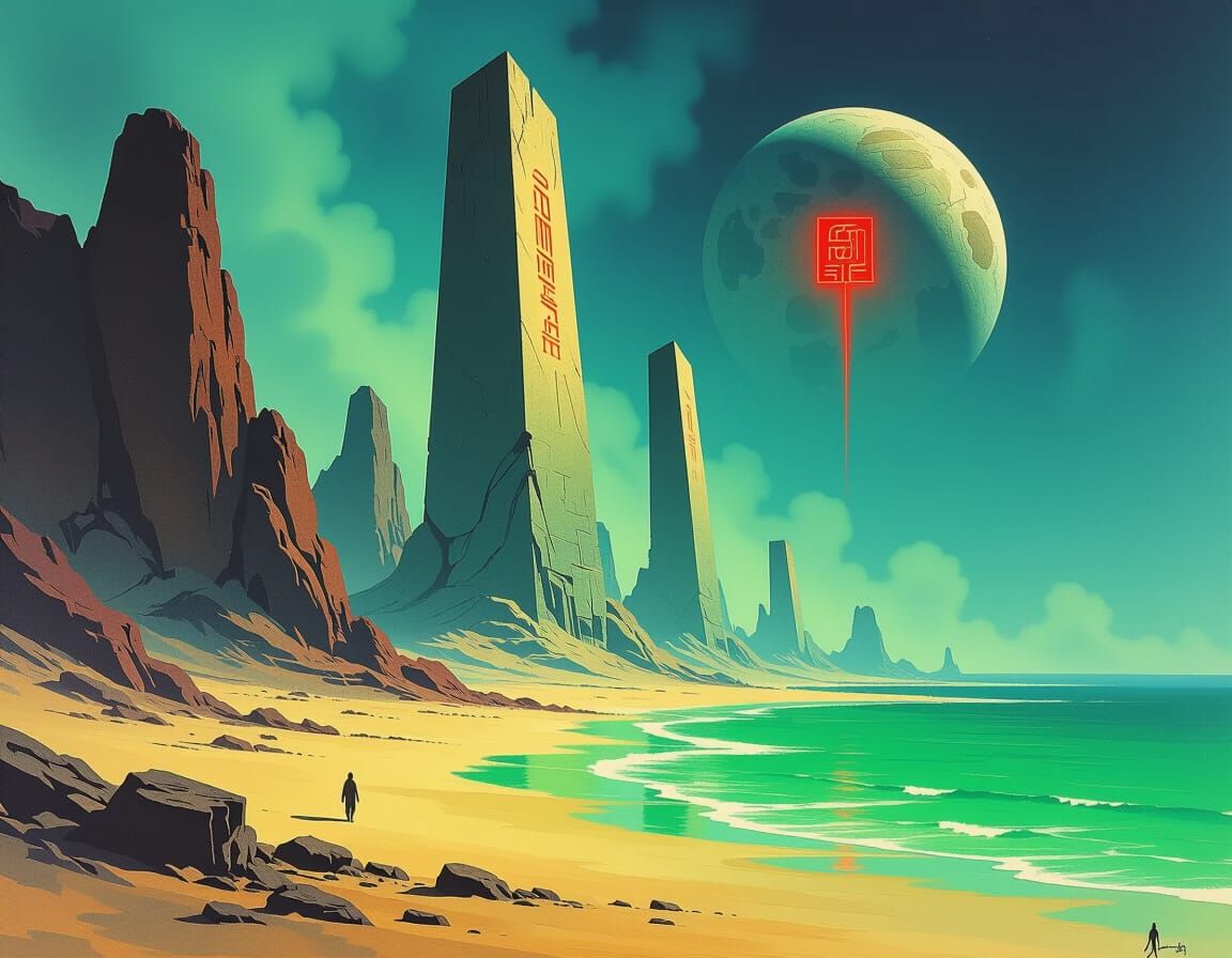 Desolate Planet with Monoliths in Gouache Style