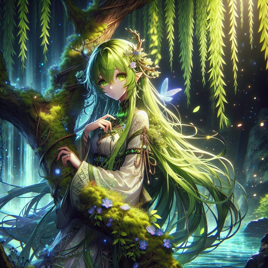 Anime Dryad in Misty Moonlight: Detailed Matte Painting