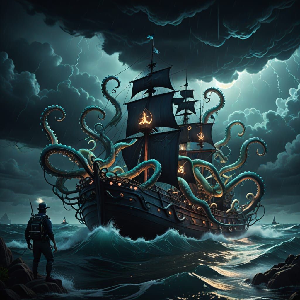 Surreal Sea Creature Protects Sailors in Storm: 3D Art